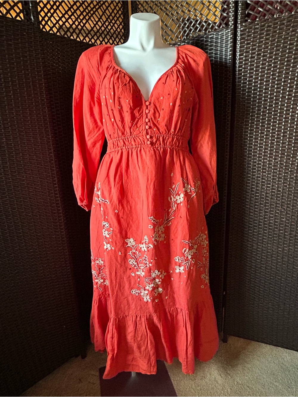 Anthropologie Coral Embroidered Maxi Dress NWOT